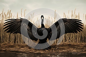 Image of black swan spreads its wings gracefully in a meadow in a marshy forest. Wildlife Animals. Illustration, Generative AI