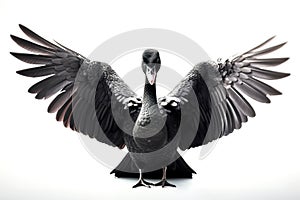 Image of black swan spreads its wings gracefully on white background. Bird, Wildlife Animals. Illustration, Generative AI