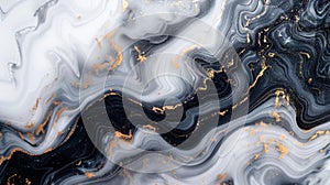 The image is a black and white marble texture with gray and gold veins