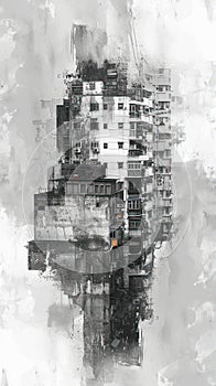 The image is a black and white painting of a city