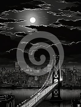 Image is black and white photo of San Francisco Bay Bridge at night, with moon shining brightly in sky. The bridge