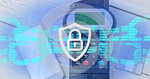Image of block chain and security padlock on shield over payment terminal