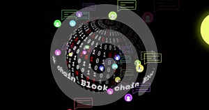 Image of block chain text, binary coding and digital data processing over globe