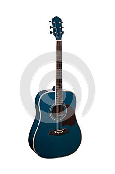 The image of blue acoustic guitar isolated under the white background