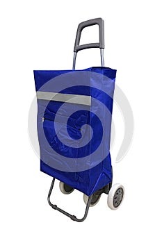 Blue bag on wheels isolated on white background