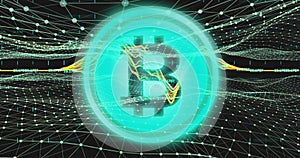 Bitcoin symbol over financial data processing against digital waves.