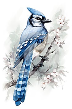Image of a blue Jay perched on a branch and a beautiful flower. Birds. Wildlife Animals. Illustration, generative AI
