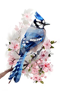 Image of a blue Jay perched on a branch and a beautiful flower. Birds. Wildlife Animals. Illustration, generative AI