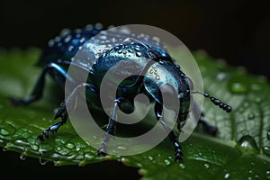 Image of a blue milkweed beetle on the leaf. Insect. Animals. Illustration. Generative AI