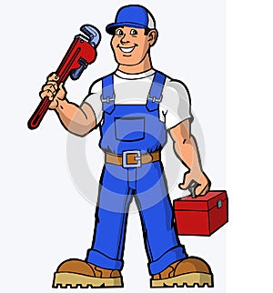 Plumber repair  illustration cartoon blue man   handyman specialist photo