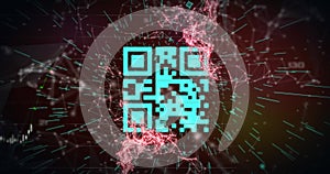 Image of a blue QR code with webs of connection over a blue graph appearing on red background