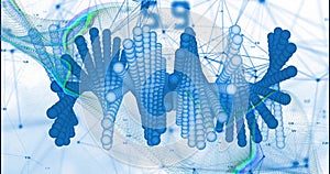 Image of blue shapes spinning over network of connections on white background photo