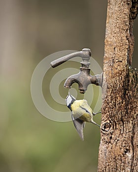 Image of Blue Tit bird Cyanistes Caeruleus on wooden post with rusty water tap in Spring sunshine and rain in garden