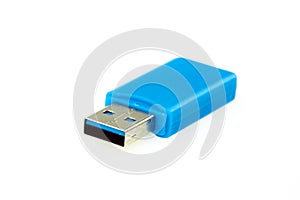 Image of blue USB flash drive isolated on white background. Computer hardware