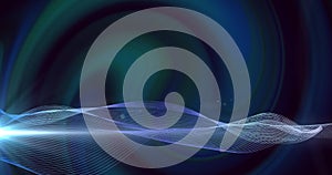 Image of blue and white mesh structure over blue and white lights on black background