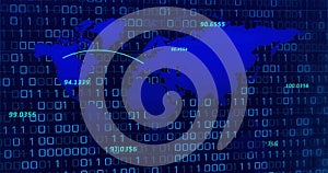 Image of blue world map and communication network over binary data processing on blue background