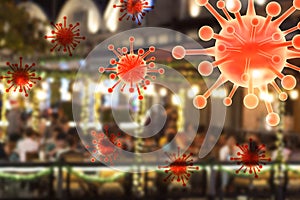 Image blurred and covid graphics Concept Coronavirus Covid spread in restaurants in crowded pubs significant risks of transmission