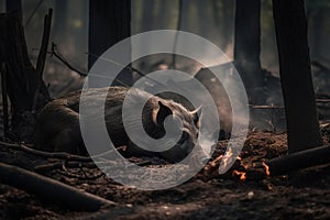 Image of boar exhausted in the midst of wildfires and smoke. Wildlife Animals. Illustration. Generative AI