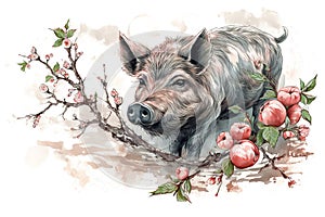 Image of boar with pink cherry blossoms in ancient chinese style. Wildlife Animals. Nature. Illustration, Generative AI
