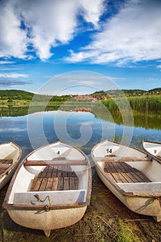 Image of boats ashore the lake in Tihany Hungary