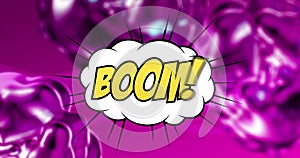 Image of boom text in yellow letters in retro speech bubble over glowing purple background