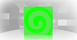 Image of bouncing green square on table against abstract background
