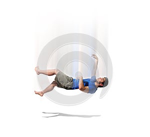 An image of a boy plummeting from his back at great barefoot speed in shorts and almost touched the ground.