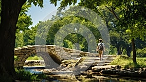 The image of a boy walking along an old stone bridge in the park