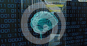 Image of brain, binary coding and data processing over computer servers
