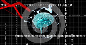 Image of brain, binary coding and digital data processing over black background