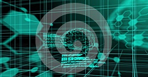 Image of brain, molecular strauctures and layers of data processing over 3d grid on black