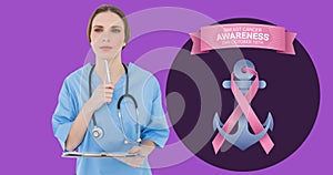 Image of breast cancer awareness text over thoughtful caucasian female doctor