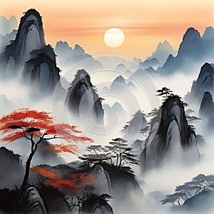 image of the breathtaking landscape Huangsan in Anhui a Chinese ink and brush painting.