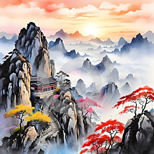 image of the breathtaking landscape Huangsan in Anhui a Chinese ink and brush painting.