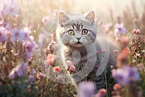 Image of british shorthair cat is in the garden with beautiful purple flowers. Pet. Animals. Generative AI. Illustration