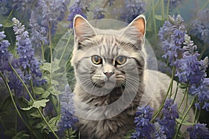 Image of british shorthair cat is in the garden with beautiful purple flowers. Pet. Animals. Generative AI. Illustration