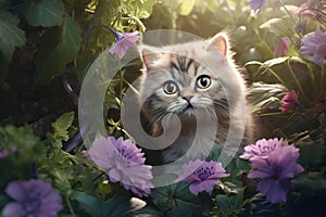 Image of british shorthair cat is in the garden with beautiful purple flowers. Pet. Animals. Generative AI. Illustration