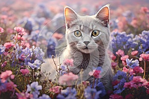 Image of british shorthair cat is in the garden with beautiful purple flowers. Pet. Animals. Generative AI. Illustration