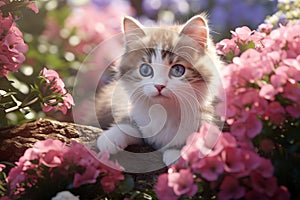 Image of british shorthair cat is in the garden with beautiful purple flowers. Pet. Animals. Generative AI. Illustration