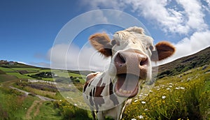 An image of a brown cow grazing on a mountain pasture with a white pattern