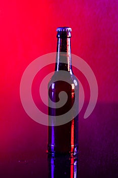 Image of brown glass lager beer bottle with crown cap, with copy space on red background