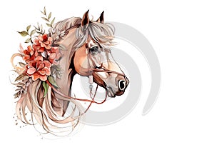 Image of brown horse head with colorful tropical flowers. Farm animals., Mammals