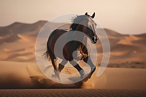 Image of a brown horse runs in the middle of the desert. Wildlife. Animals. illustration, generative AI