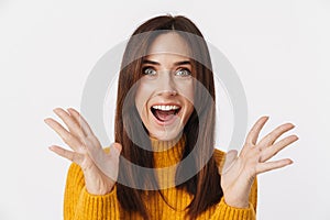 Image of brunette adult woman expressing surprise and gesturing hands