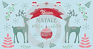 Image of Buan Natale words with moving deers on Christmas decorations background