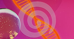 Image of bubbles and dna strand on purple background