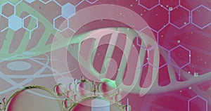 Image of bubbles over dna strand and hexagons on pink background
