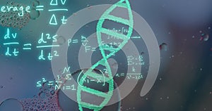 Image of bubbles over dna strand and mathematical equations on blue background