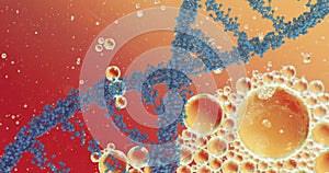 Image of bubbles over dna strand on orange background