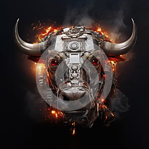 Image of bull face made with electronic components with fire on clean background. Wildlife Animals. Illustration, Generative AI